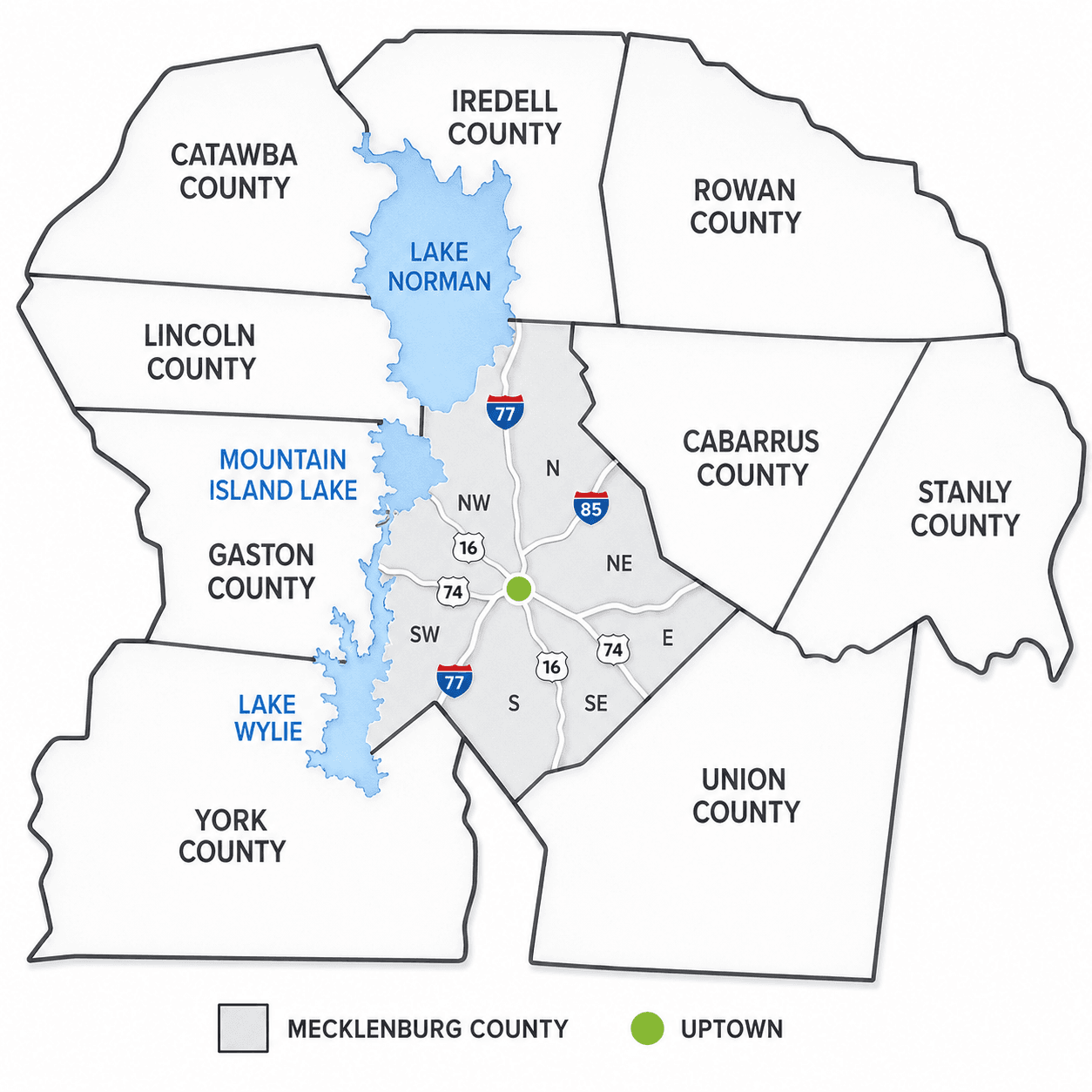 Map showing FraleyCo target service markets around Charlotte, Lake Norman, Lake Wylie, and surrounding counties